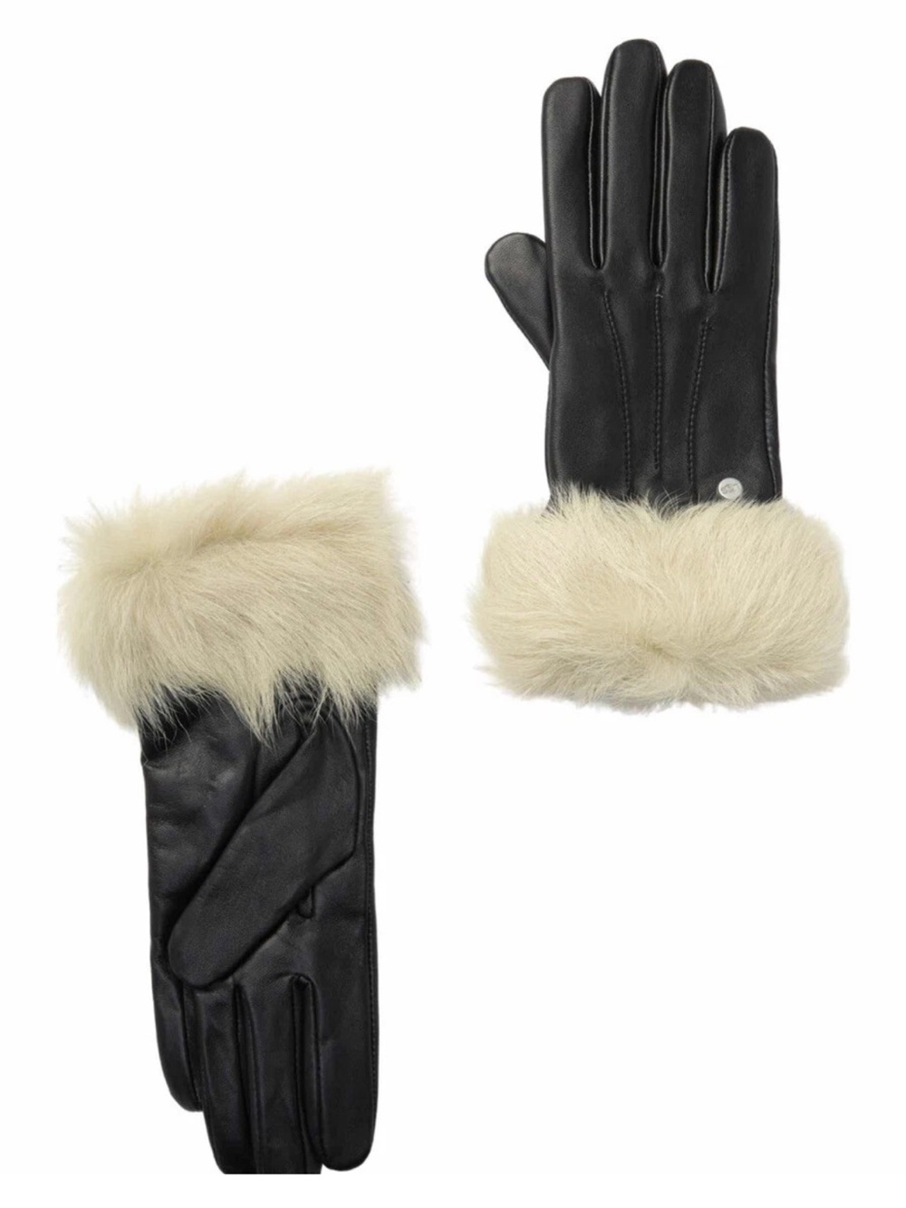 UGG Australia Genuine Shearling Trim Leather Gloves BLACK BEIGE Size Small